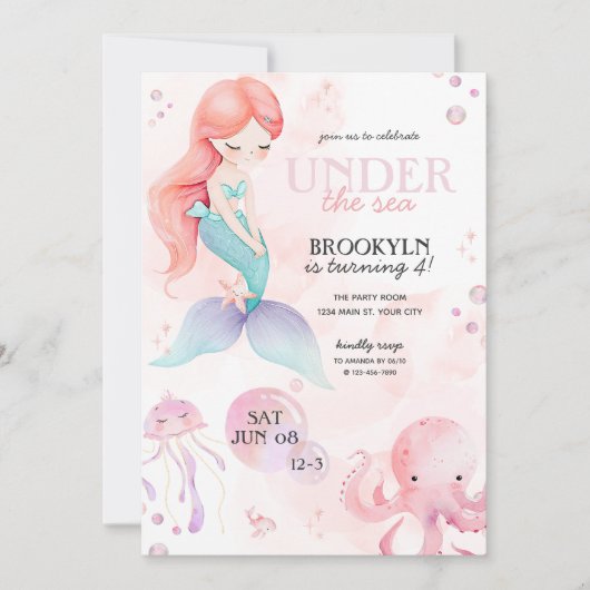 海の女の子の誕生日パーティーの下の人魚 招待状 (正面)