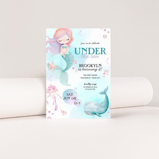 海の女の子の誕生日パーティーの下の人魚 招待状