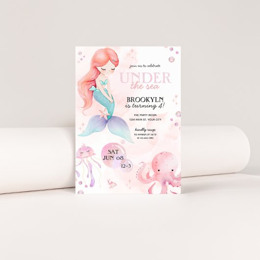 海の女の子の誕生日パーティーの下の人魚 招待状