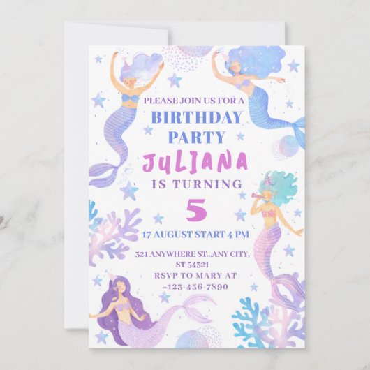 海の女の子の誕生日パーティーの下の人魚 招待状 (正面)