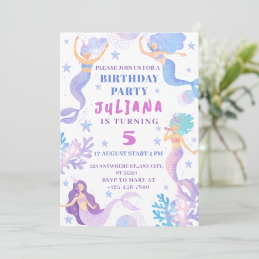 海の女の子の誕生日パーティーの下の人魚 招待状 (スタンド正面)