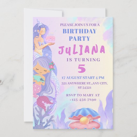 海の女の子の誕生日パーティーの下の魔法の人魚 招待状 (正面)