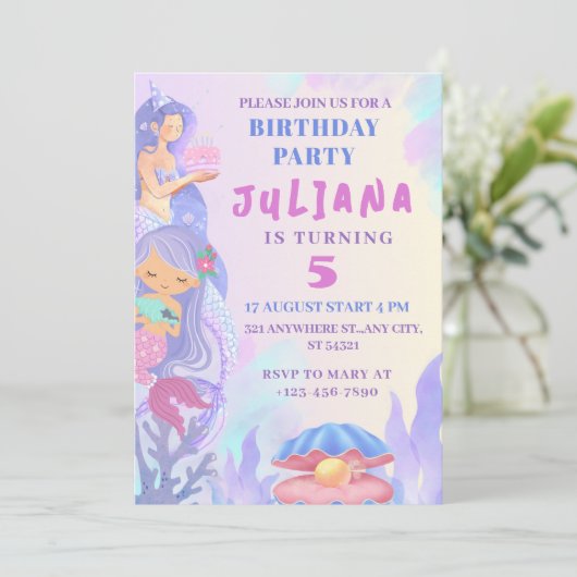 海の女の子の誕生日パーティーの下の魔法の人魚 招待状 (スタンド正面)