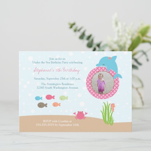 海の女の子の誕生日パーティーの招待でかわいい 招待状 (スタンド正面)
