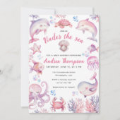 海の女の子の赤ちゃんシャワーの下のピンクの水色 招待状 (正面)