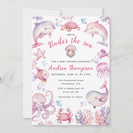 海の女の子の赤ちゃんシャワーの下のピンクの水色 招待状 (正面)