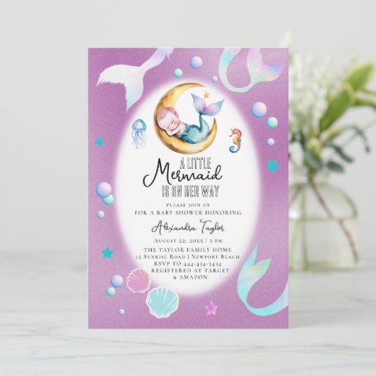 海の女の子の赤ちゃんシャワーの彼女の方法で人魚の小さな 招待状 (スタンド正面)