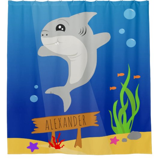 海の子ど鮮やかもの下で愛らしいサメ シャワーカーテン (正面)