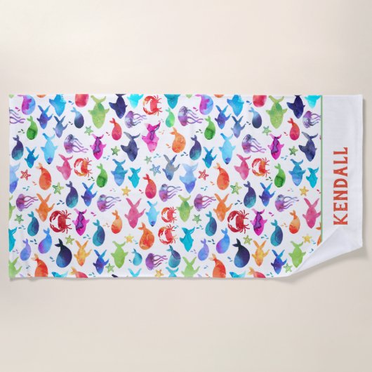 海の子供の下の虹の水彩画の魚 ビーチタオル (正面)