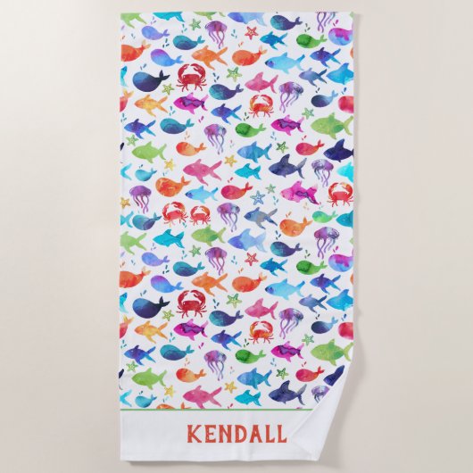 海の子供の下の虹の水彩画の魚 ビーチタオル (正面)