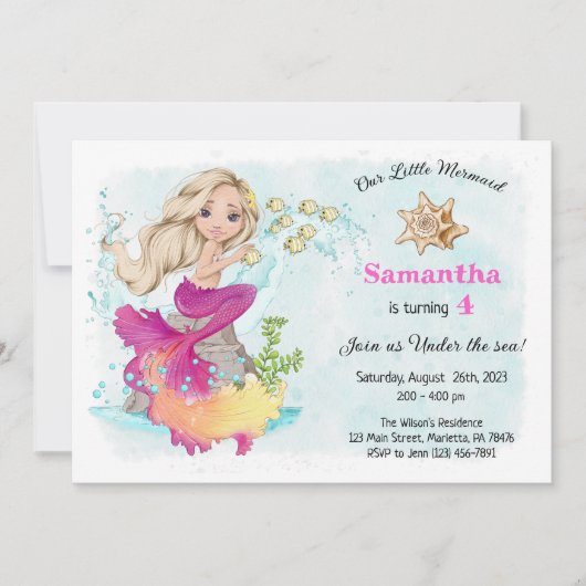 海の小さな人魚の誕生日パーティーInvitaの下 招待状 (正面)
