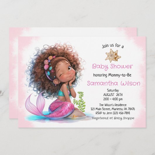 海の少女の下で小さな人魚の赤ちゃんシャワー 招待状 (正面/裏面)