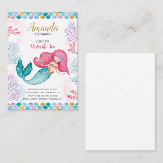 海の少女の下の人魚の水色の誕生日 ノートカード (正面/裏面)