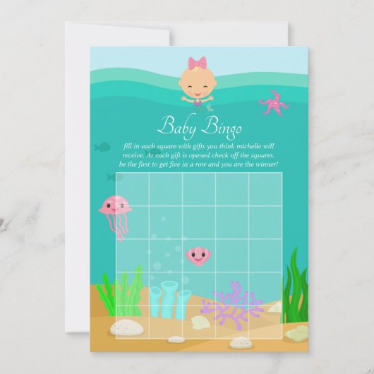海の少女の下の可愛い人魚の赤ちゃんシャワービンゴ 招待状 (正面)