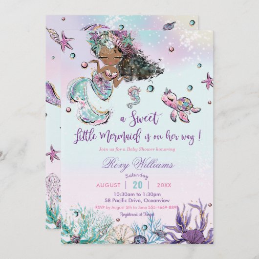 海の少女の下の暗い肌の人魚の赤ちゃんシャワー 招待状 (正面/裏面)
