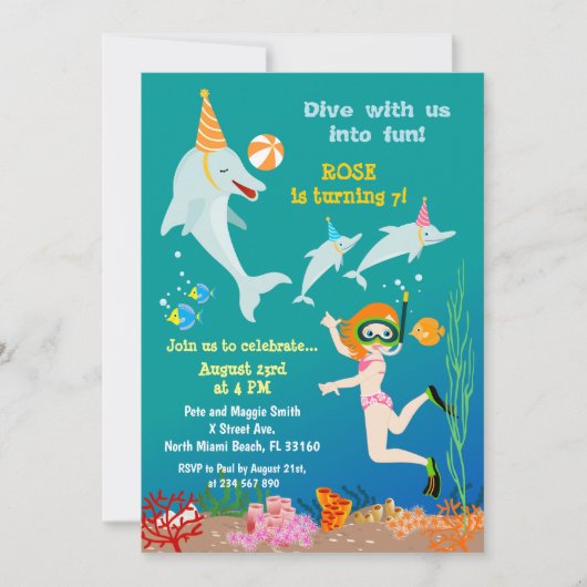 海の少女の誕生日パーティーの下のイルカ 招待状 (正面)