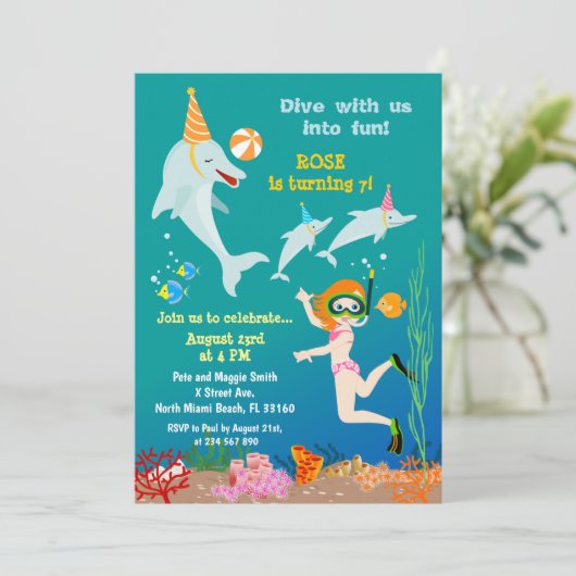 海の少女の誕生日パーティーの下のイルカ 招待状 (スタンド正面)