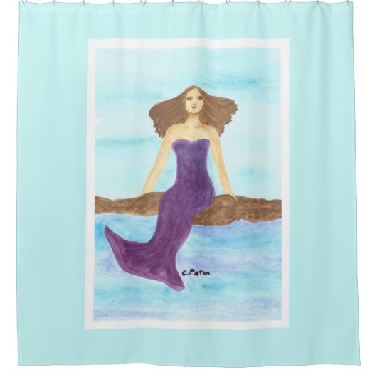 海の岩に座る人魚の水色 シャワーカーテン (正面)