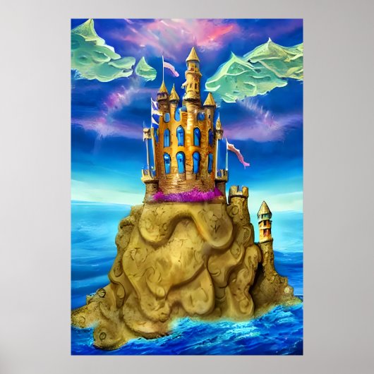 海の岩の上の城 | AIアートポスター ポスター (正面)