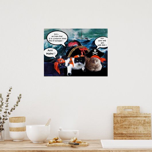 海の嵐の中の船とおしゃべりする海賊猫 ポスター (キッチン)