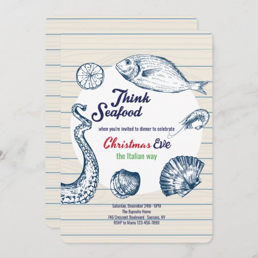 海の幸のディナー・パーティー招待状を考える 招待状 (正面/裏面)