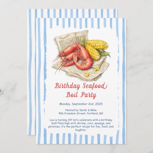 海の幸パーティーの誕生日招待状 – 海岸のカニ・エビ祭り 招待状 (正面/裏面)