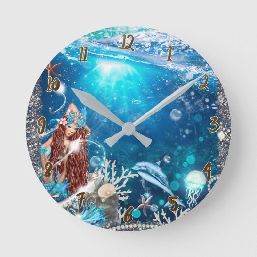 海の幻想 赤い髪の人魚 カスタム ラウンド壁時計 (正面)
