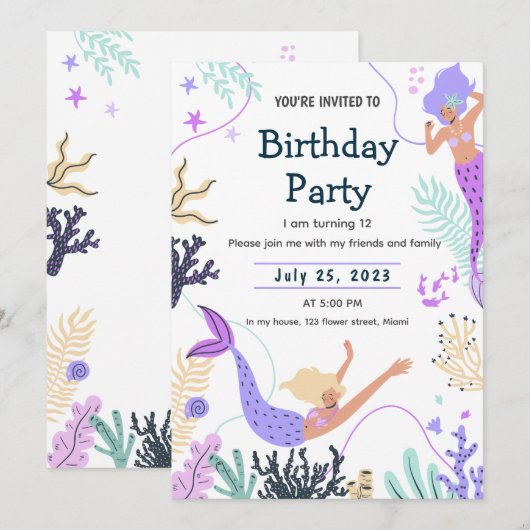 海の底の誕生日会にマーメイドの招待状 招待状 (正面/裏面)