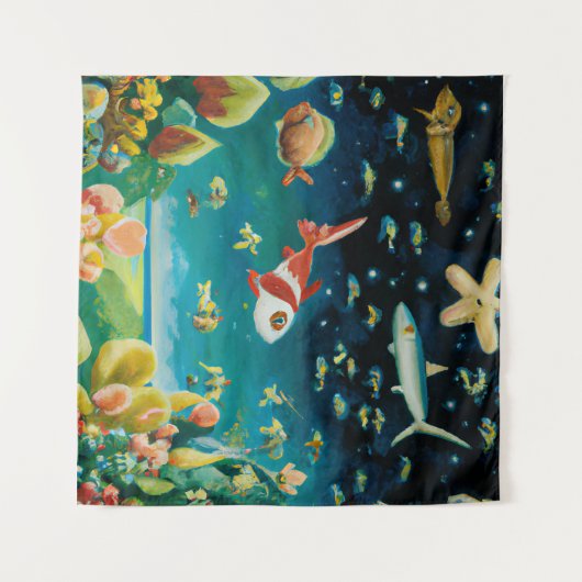 海の底海で色の魚のサンゴが満ちている タペストリー (正面(横))