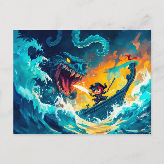 海の怪物・オブ・ザ・ハイSと戦う小海賊 ポストカード (正面)