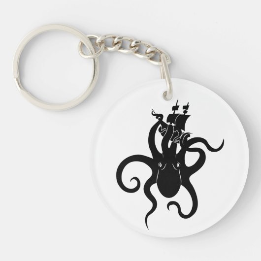 海の怪物、ブルーとブラッククラーケンと船 キーホルダー (正面)