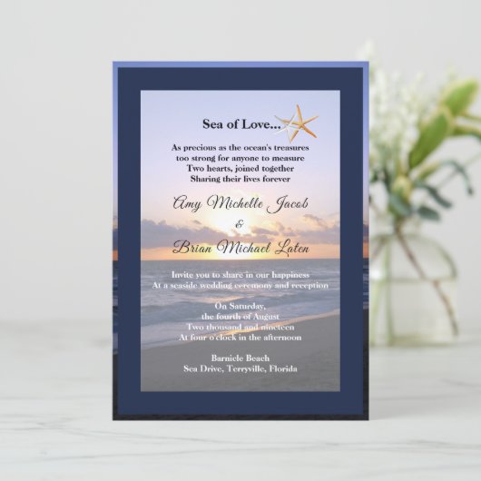 海の愛 | ビーチサンセットヒトデウェディング 招待状 (スタンド正面)