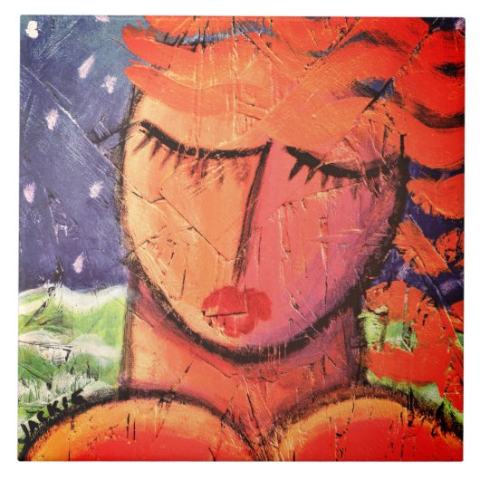 海の抽象芸術の絵画タイルのそばの女性 タイル (正面)