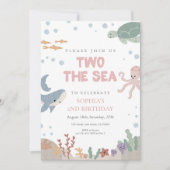 海の数字の2 おしゃれなピンクの水彩ガール 2歳の誕生日 招待状 (正面)