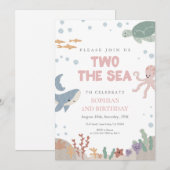 海の数字の2 おしゃれなピンクの水彩ガール 2歳の誕生日 招待状 (正面/裏面)