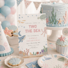 海の数字の2 おしゃれなピンクの水彩ガール 2歳の誕生日 招待状
