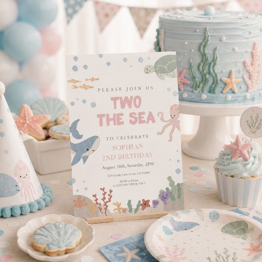 海の数字の2 おしゃれなピンクの水彩ガール 2歳の誕生日 招待状