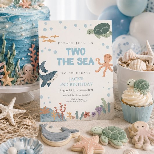 海の数字の2 水彩 青い男の子 2歳の誕生日  招待状