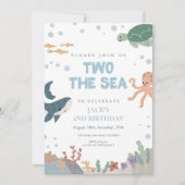 海の数字の2 水彩 青い男の子 2歳の誕生日  招待状 (正面)