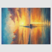 海の日の出で水色ヴィンテージボート 薄葉紙 (正面)