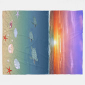 海の日の出とウミガメ フリースブランケット (正面(横))