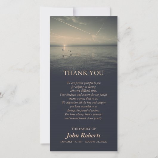 海の日の出の告別式による鳥は感謝していしています サンキューカード (正面)