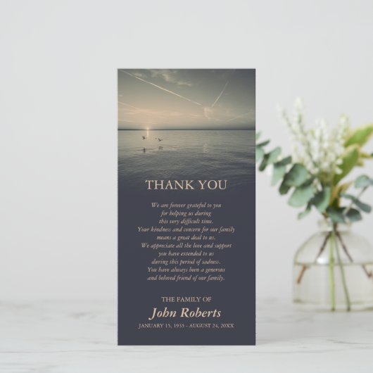 海の日の出の告別式による鳥は感謝していしています サンキューカード (スタンド正面)