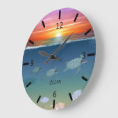 海の日の出、ウミガメと真珠 ラージ壁時計 (傾斜)
