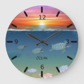 海の日の出、ウミガメと真珠 ラージ壁時計 (正面)