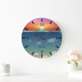 海の日の出、ウミガメと真珠 ラージ壁時計 (ホーム)