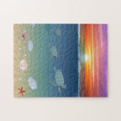 海の日の出、ウミガメ、星、貝殻、真珠 ジグソーパズル (横)