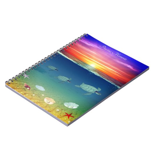 海の日の出，スイミングウミガメとシェル ノートブック (左側)