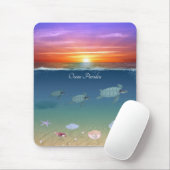 海の日の出,泳ぐウミガメや貝殻 マウスパッド (マウス)