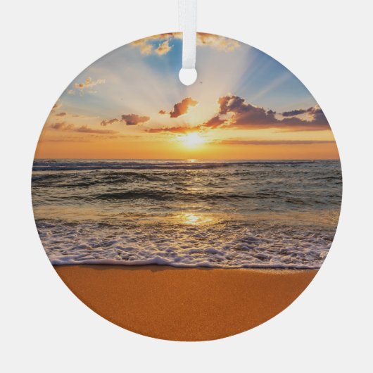 海の日の出、深いの青い地平線。 ガラスオーナメント (裏面)